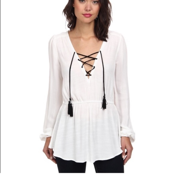 FREE PEOPLE Wildest Moment lace up tunic top elasticized waist ivory V neck Lrg - Picture 1 of 14
